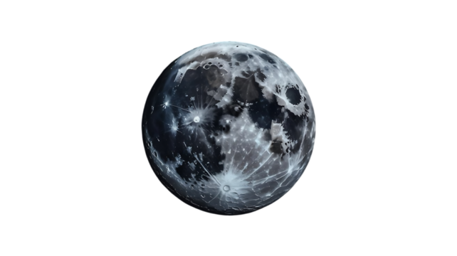 Detailed view of the full moon with visible craters and surface textures isolated on transparent background