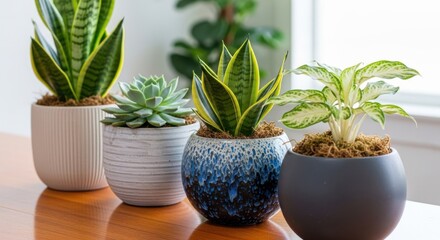 Obraz premium A collection of four potted houseplants including a snake plant succulent and aglaonema arranged on a wooden table
