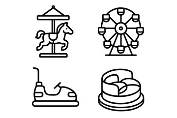 Carnival rides outline icon set. Amusement park vector line art. Carousel horse, ferris wheel, bumper car, tilt-a-whirl. Funfair entertainment symbol collection.