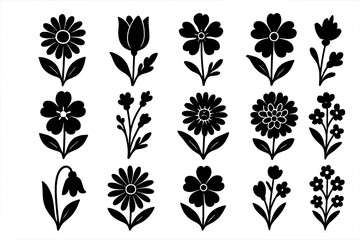 Flower silhouette vector icon set. Big collection of simple decorative floral design elements. Black botanical flower graphics. Abstract plant, bloom, blossom, wildflower shapes.