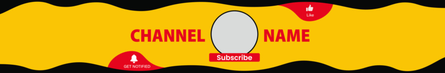 Vibrant YouTube Channel Banner with Wavy Yellow Background, Bold Red Text,  Subscribe Button and Like button