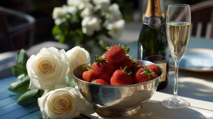 Elegant Table Setting with Strawberries, Roses, and Chilled Champagne