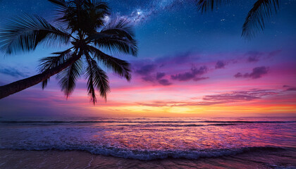 vibrant tropical beach sunset illustration with silhouetted palm trees colorful ocean waves and artistic night sky