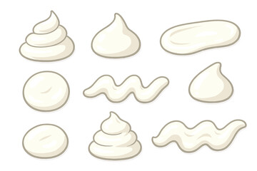 White cream set. Vector collection of different shapes. Whipped cream swirls, cosmetic lotion drops, sour cream or mayonnaise smears. Cartoon food topping and frosting.