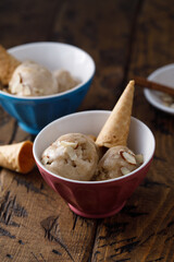 Homemade banana ice cream with waffle cone