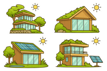 Set of eco-friendly houses with solar panels and green roofs. Sustainable architecture concept. Modern green building with natural elements. Vector cartoon illustration collection.