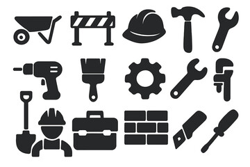 Construction tools solid glyph icon set. Building, repair and maintenance work symbols. Vector collection of hammer, wrench, helmet, drill, shovel and worker silhouettes.