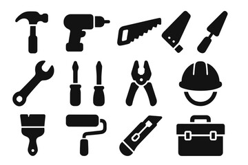 Construction tools icon set. Vector glyph symbols of work equipment for repair, DIY, and building. Handyman toolbox collection with hammer, drill, saw, and safety helmet.