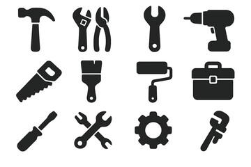 Construction and repair solid glyph icons set. Vector work tools symbols for building and maintenance. Hammer, wrench, drill, saw, paintbrush, roller, toolbox and gear signs.
