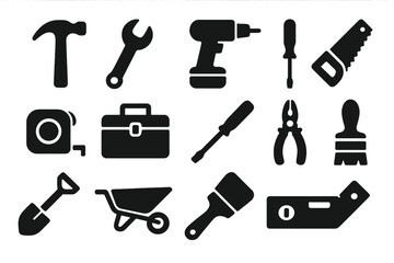 Construction tools solid icons set. Vector glyph symbols for repair, DIY, and building. Handyman equipment collection for workshop and hardware. Work tools silhouette.