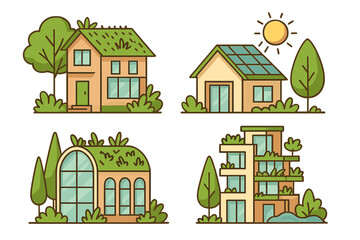 Eco house vector illustration set. Green architecture concept. Sustainable modern building with solar panels and living roof. Natural friendly energy real estate collection.