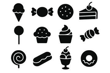 Dessert silhouette icon set. Sweet treats collection with candy, cookie, cake, ice cream, donut icons. Vector graphic for bakery, cafe, pastry shop menu. Confectionery food.