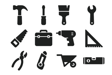 Construction tools solid glyph icon set. Home improvement, repair and DIY equipment symbols. Vector silhouette collection of hardware, carpentry and building instruments.