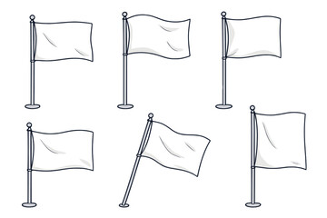 Set of white blank flags on poles. Waving flag mockup collection for advertising and branding. Vector cartoon illustration. Empty banner template for custom design symbol.