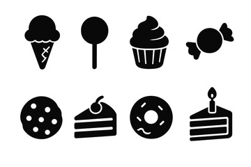 Dessert Silhouette Icon Set with Sweet Treats, Candy, Cookie, Cake, Ice Cream, Donut, and Cupcake Flat Vector Cartoon Illustrations with Transparent Background Ordered Set