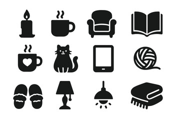 Cozy lifestyle silhouette icons set. Hygge concept symbols. Home comfort, relaxation and leisure glyph collection. Vector illustration of winter essentials like cat, book, and tea.
