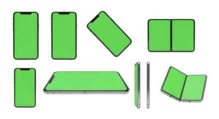 Collection of smartphones with green screens in various angles and positions, including flat, tilted, and folded views.