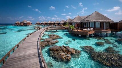 Obraz premium Overwater bungalows connect via boardwalk above bright turquoise sea