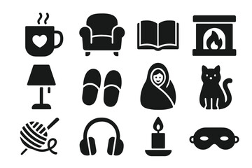 Cozy lifestyle hygge solid icons set. Home comfort and leisure symbols. Relaxation, autumn, winter season concept. Vector glyphs. Cat, book, fireplace, slippers, candle.