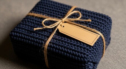 Handmade Navy Blue Knitted Gift Box Tied with Jute Ribbon and Gift Tag