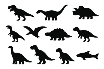Dinosaur silhouette icon set, prehistoric fossil and extinct creature silhouettes, vector cartoon illustration with transparent background, ordered collection of dinosaur shapes