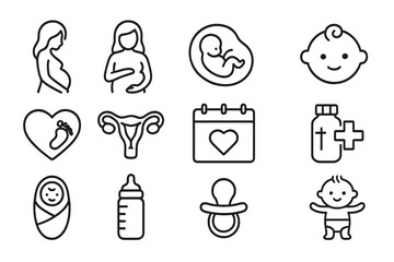 Pregnancy and Maternity Icon Set, Health and Baby Care Symbols, Outline Vector Collection, Newborn and Maternal Wellness, Infant and Parenting Essentials, Medical and Family Care Line Art