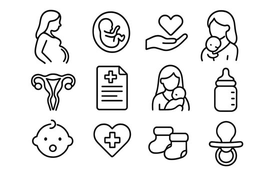Pregnancy and Maternity Outline Icon Set, Health and Baby Care Symbols, Newborn and Infant Essentials, Medical and Maternal Support Line Collection Vector