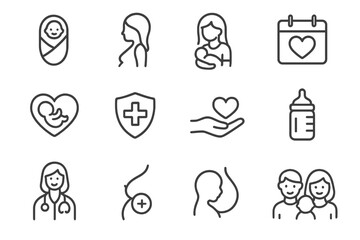 Pregnancy and Maternity Line Icon Set, Baby Health and Family Symbols Collection, Motherhood Care, Infant and Breastfeeding Icons, Medical and Parental Support Vector Illustrations