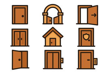 Door entrance filled icon set, gateway and home security vector cartoon illustration, collection of various door types with security elements for projects, transparent background