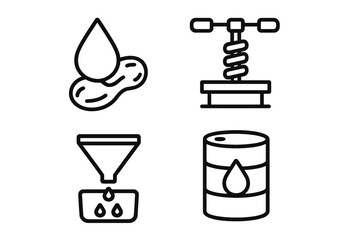 Peanut oil production outline icon set. Earthnut oil extraction and manufacturing process icons. Includes press, filter, storage barrel. Vector line art illustration for infographics.