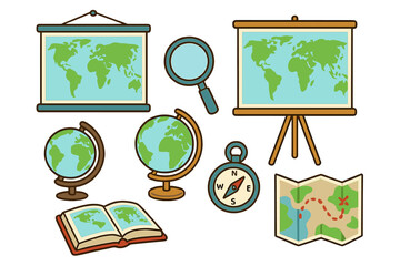Educational Tools for Geography Learning and Exploration in Classroom, Globe, Map, Compass, Magnifier, Book, and World Map Vector Cartoon Set on Transparent Background