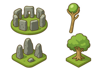 Druid ritual isometric icon set. Celtic pagan symbols for fantasy games. Vector cartoon illustration of a stone circle, standing stones, magic staff, and sacred tree worship.