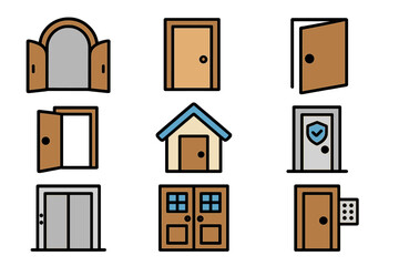 Door and Entrance Icon Set, Gateway and Home Security Vector Cartoon Illustrations, Filled Style with Transparent Background, Secure Entryway and Architectural Design Elements for Projects