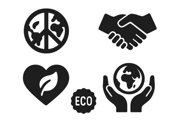 Ecology and peace vector icon set. Solid glyph symbols for environmental conservation. Earth Day concepts: peace sign globe, handshake, heart leaf, hands holding planet, eco badge.