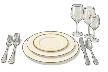 Elegant table setting with clean plates, sparkling glasses, and polished cutlery for a fine dining event, formal dinner setup, luxury restaurant vector illustration