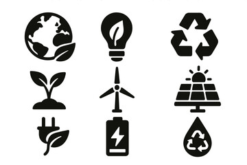 Eco and energy silhouette icons set. Sustainability and renewable resources symbols. Vector collection of green power, solar panel, wind turbine, recycle, and nature pictograms.