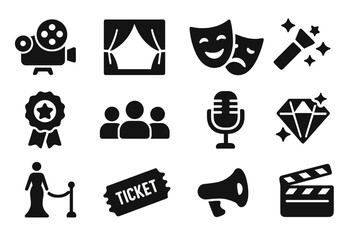 Entertainment and theater solid icon set, performance and backstage show icons collection, vector cartoon illustration with transparent background, ordered set of 12 icons