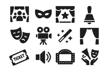Entertainment and theater solid icon set, performance and backstage show icons collection, vector cartoon illustration with transparent background, ordered flat design set