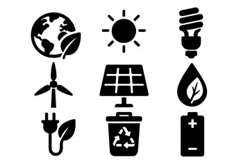 Eco energy icons set. Sustainability and renewable resources symbols. Green power, solar panel, wind turbine, recycle sign, planet earth. Ecology vector silhouette collection.