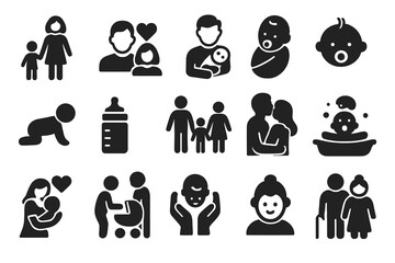 Family and parenting solid icon set with child, baby, and relationship icons collection, vector cartoon illustrations with transparent background, organized set for family care and love