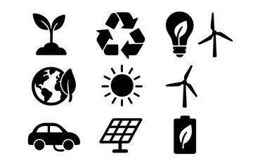 Ecology and energy silhouette icons. Sustainability, renewable resources symbols. Green power, recycling, solar panel, wind turbine, electric car. Vector cartoon illustration.