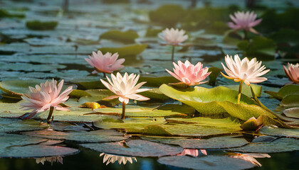 tranquil water lilies bloom in serene pond setting during midday