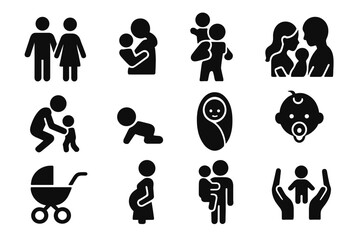 Family and Parenting Solid Icon Set, Child and Baby Relationship Icons Collection, Vector Cartoon Illustration with Transparent Background, Parenthood and Care Symbols