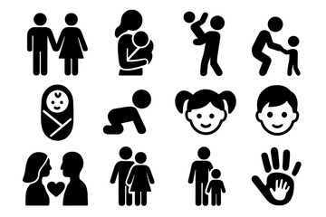 Family parenting solid icon set, child baby relationship icons collection, vector cartoon illustration transparent background, parenting symbols, loving family concepts