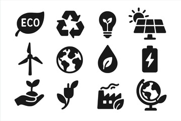 Eco and energy silhouette icons set. Sustainability and renewable resources symbols. Green power, recycling, solar panel, wind turbine, and ecology concept vector illustrations.