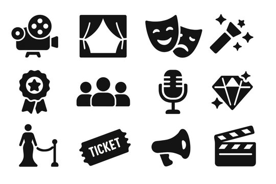 Entertainment and theater solid icon set, performance and backstage show icons collection, vector cartoon illustration with transparent background, ordered set of 12 icons