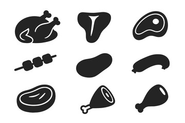 Food meat silhouette icon set, cooking steak graphics in bold silhouette style, vector cartoon illustration with transparent background, assorted meat cuts and cooking elements