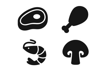 Food and Meat Solid Icon Set Including Steak, Poultry, Seafood, and Vegetarian Icons Collection, Vector Cartoon Illustration with Transparent Background, Kitchen and Cooking Elements