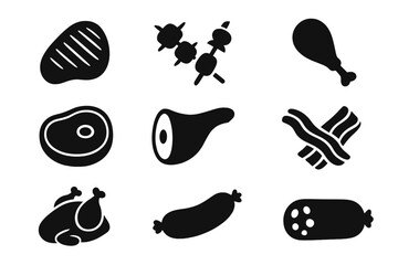Food meat silhouette icon set with cooking steak graphics in bold silhouette style, vector cartoon illustration with transparent background, ordered set 3 for culinary design