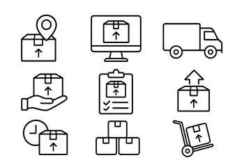 Shipping and Delivery Outline Icon Set, Package Tracking, Logistics and Supply Chain Line Icons Collection, Vector Cartoon Illustration with Transparent Background, Ordered Set of 9